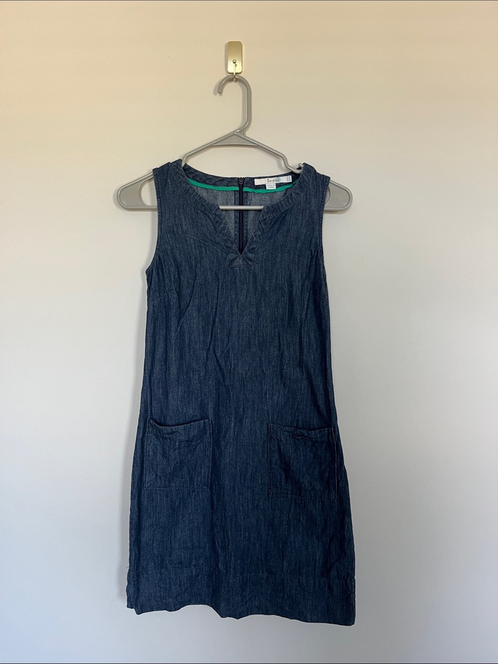 Sleeveless Dark Denim Shift Dress with Front Pockets